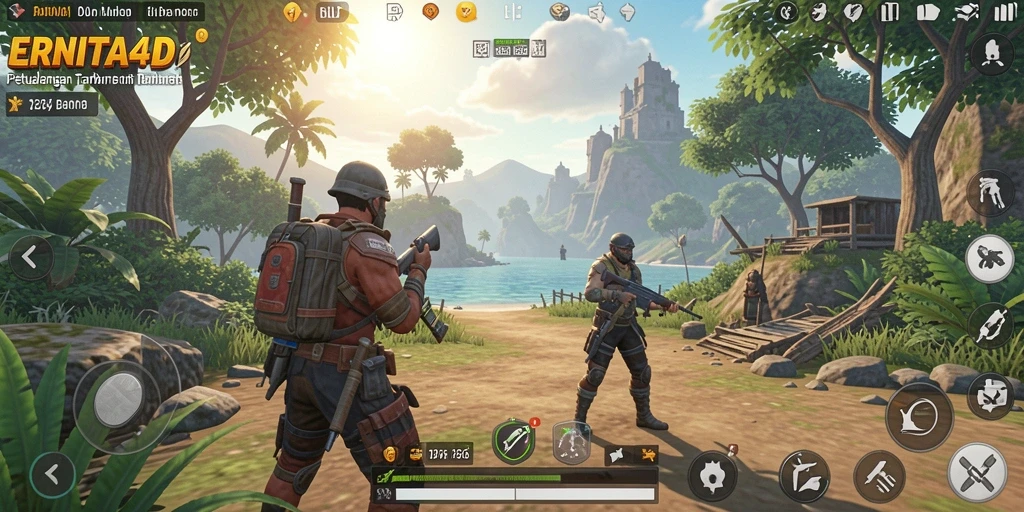 Screenshot gameplay ERNITA4D menampilkan petualangan di dunia terbuka yang luas.