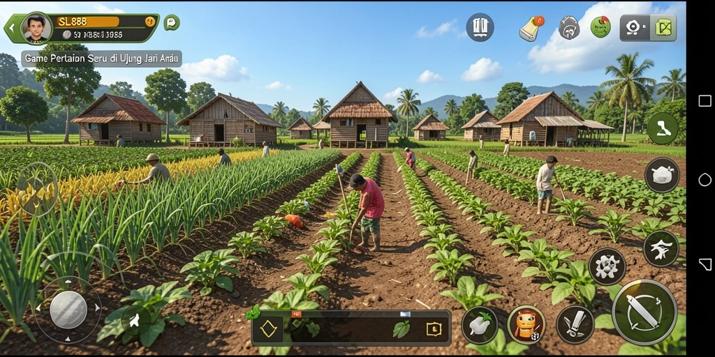 Gameplay SL888 menampilkan ladang yang subur dan beragam tanaman.