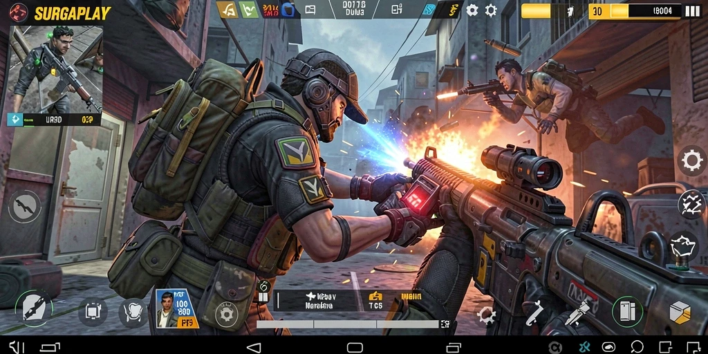 Tampilan gameplay intens dari SURGAPLAY dengan aksi FPS mendebarkan.