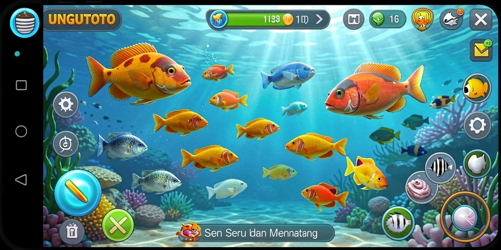 Screenshot gameplay UNGUTOTO menampilkan aksi menembak ikan yang mendebarkan.