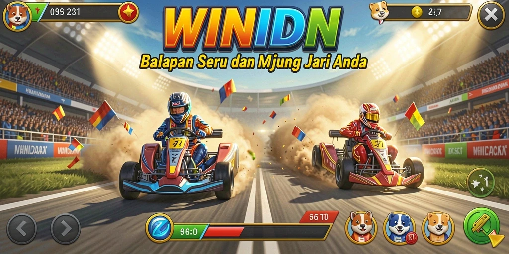 Screenshot utama WINIDN menunjukkan aksi balapan yang seru dan mendebarkan.